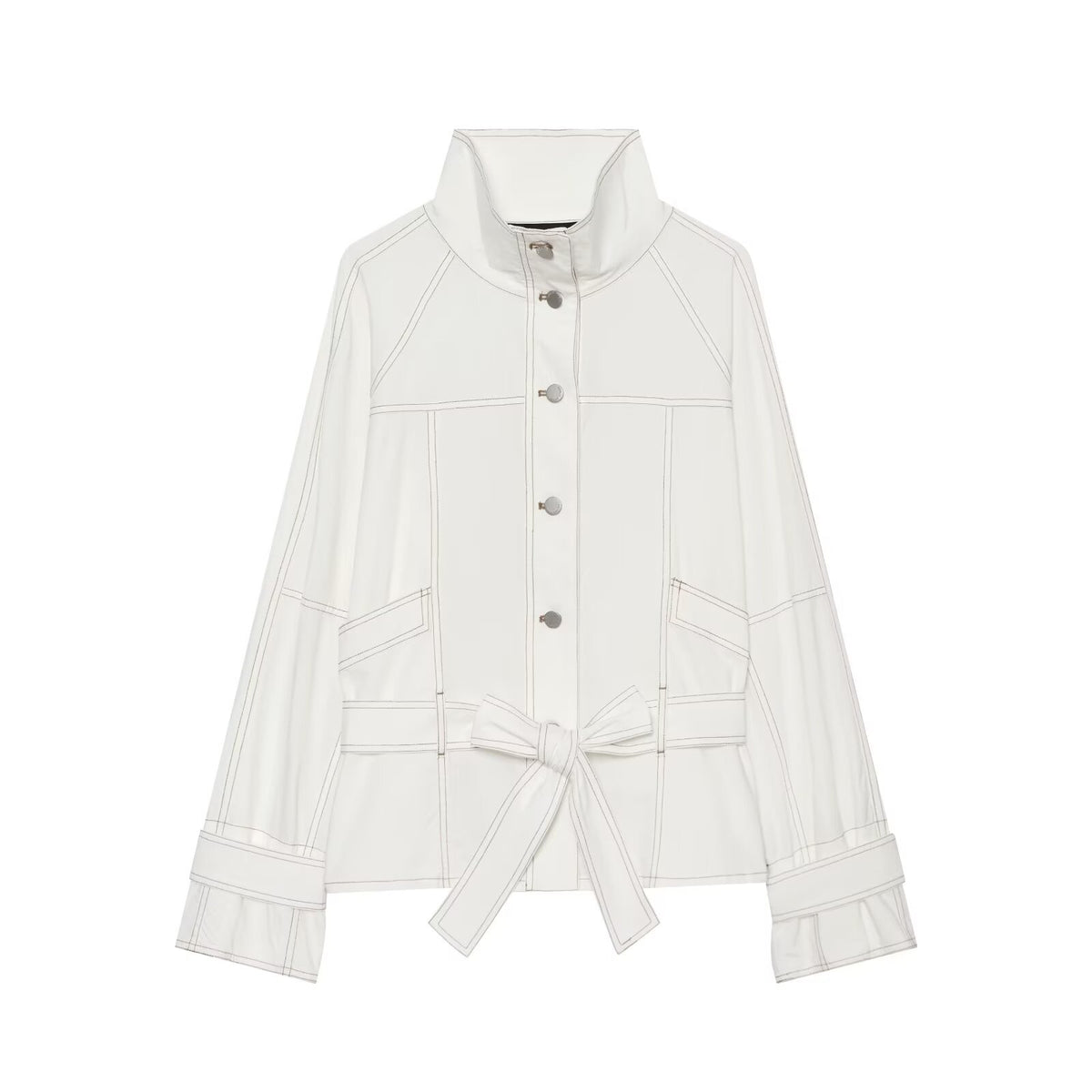 Women's Cropped Parka Jacket with high funnel collar, flap pockets and tie belt EVA-US