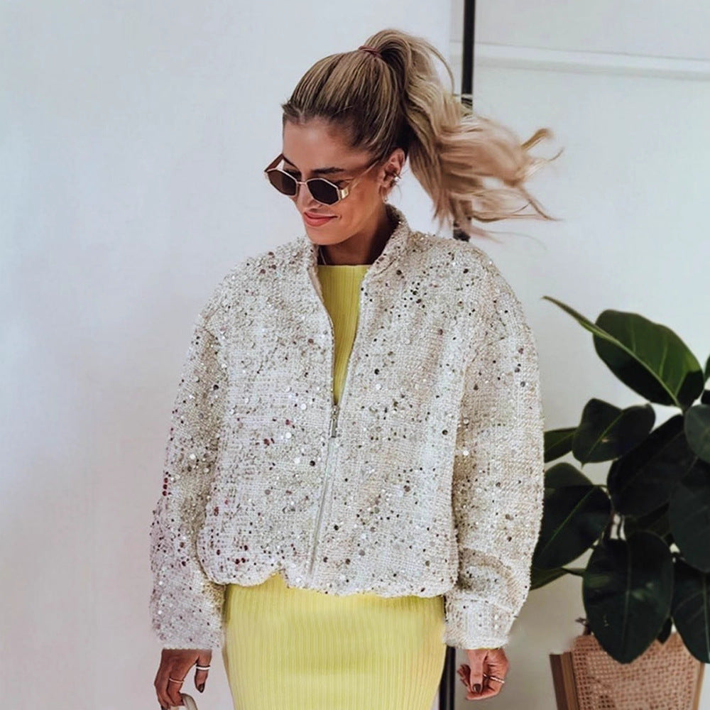 Women's sequin bomber jacket with zipper, loose boxy silhouette and decorative glitter applications EVA-US