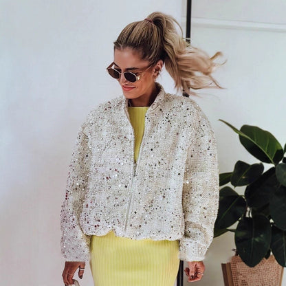 Women's sequin bomber jacket with zipper, loose boxy silhouette and decorative glitter applications EVA-US