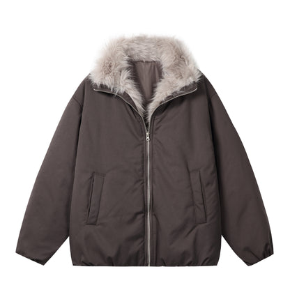 Women's short jacket in boxy cut with voluminous faux fur collar and two-way zipper EVA-US