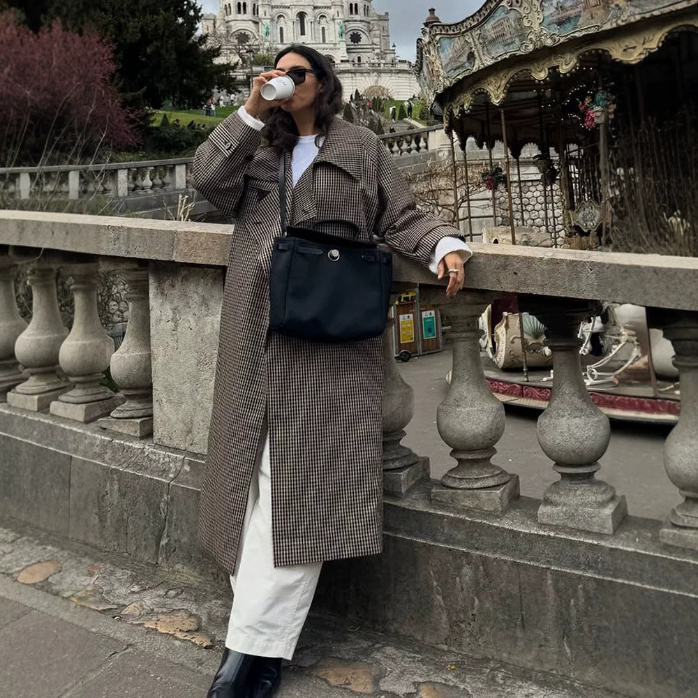 Women Oversized Coat in Glencheck with Wide Lapels and Dropped Shoulder Part EVA-US