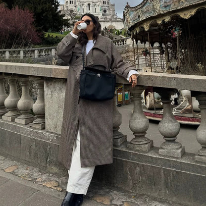 Women Oversized Coat in Glencheck with Wide Lapels and Dropped Shoulder Part EVA-US