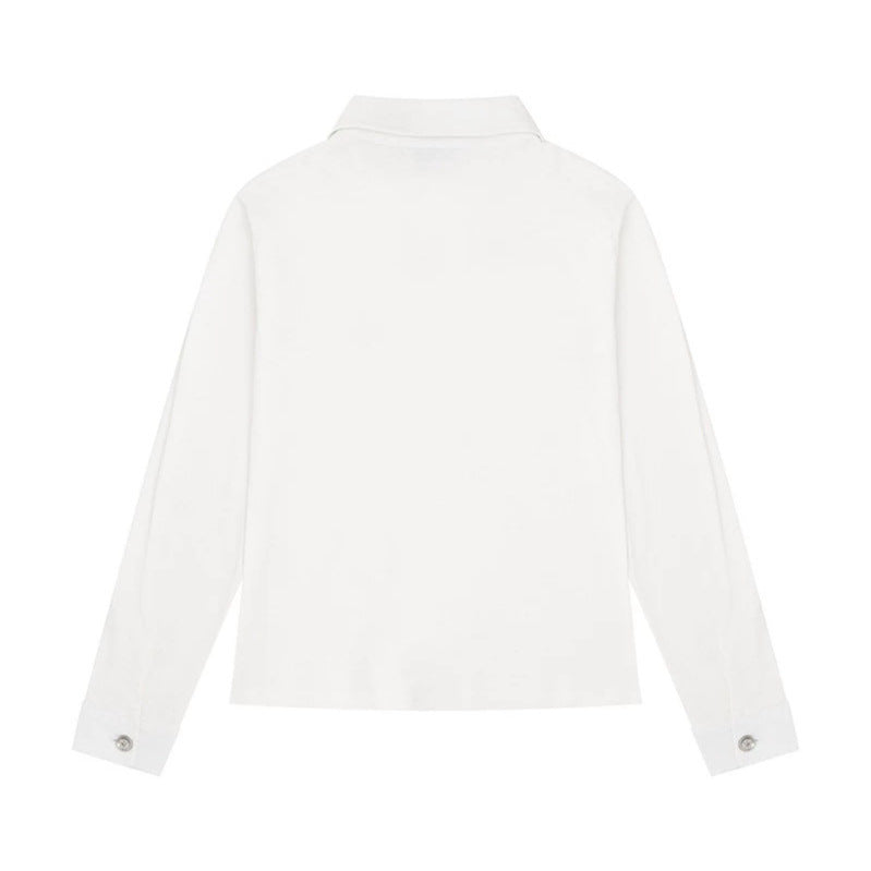 Women's long sleeve polo shirt with short zipper, shoulder pads and statement print EVA-US