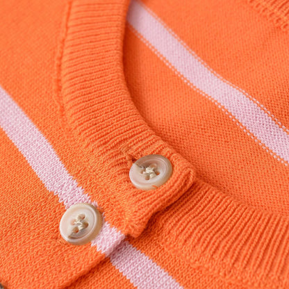 Women's Short-Cut Fine Knit Cardigan with Horizontal Stripes and Mother-of-Pearl Buttons EVA-US