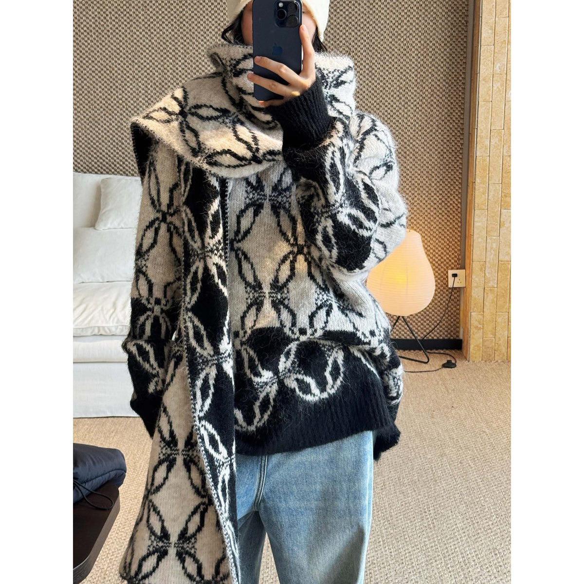 Women Oversize Mohair Look Knit Cardigan with Allover Jacquard Pattern EVA-US