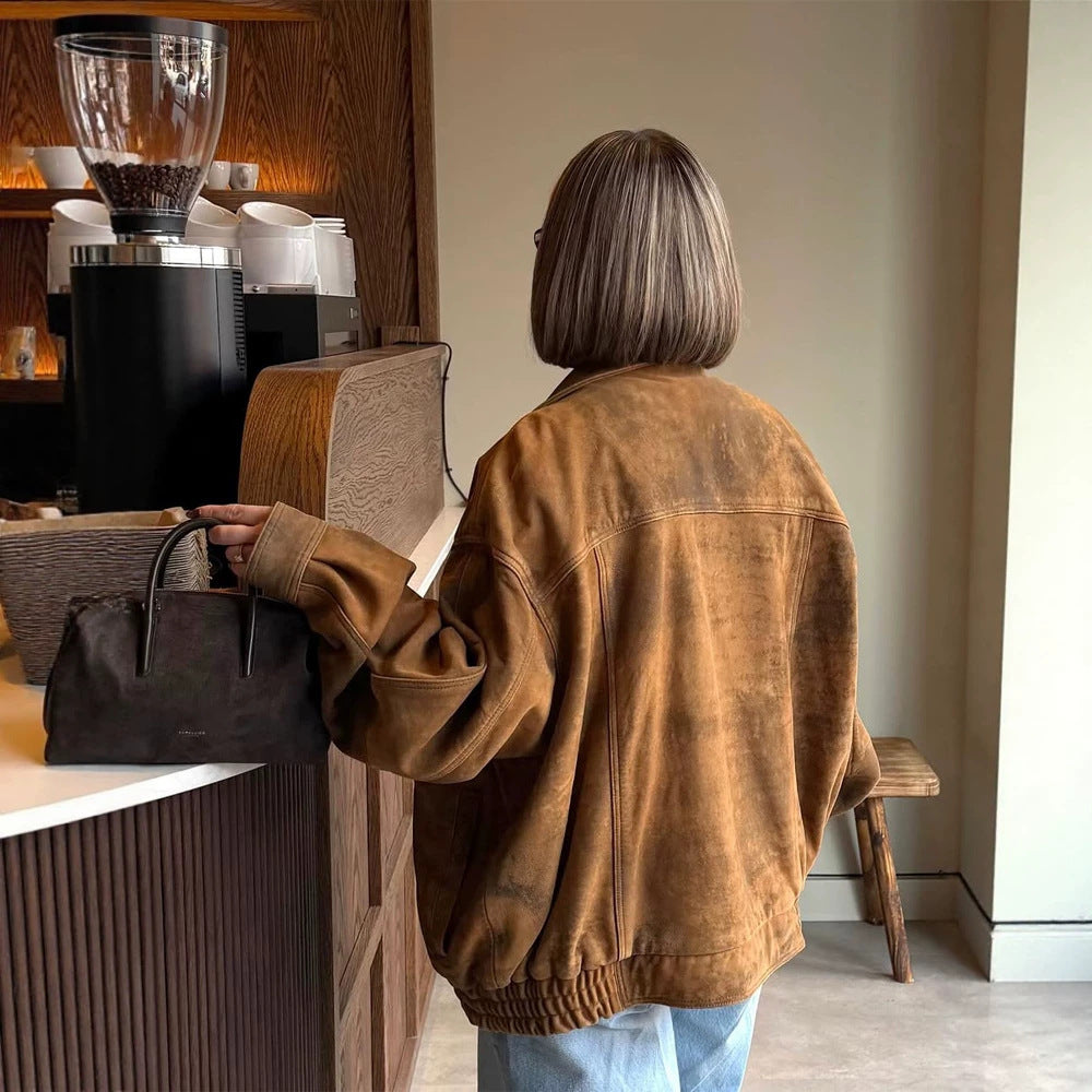Women's Oversized Suede Bomber Jacket with Elastic Hem EVA-US
