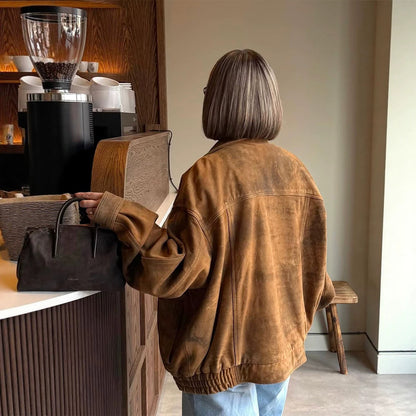 Women's Oversized Suede Bomber Jacket with Elastic Hem EVA-US