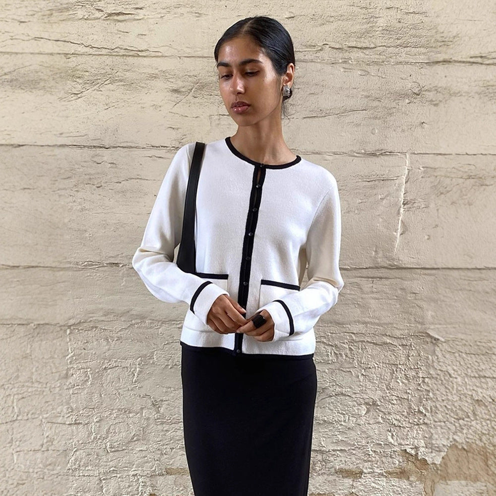 Ladies Fine Contrast Button Placket Cardigan with Piping and Patch Pockets EVA-US
