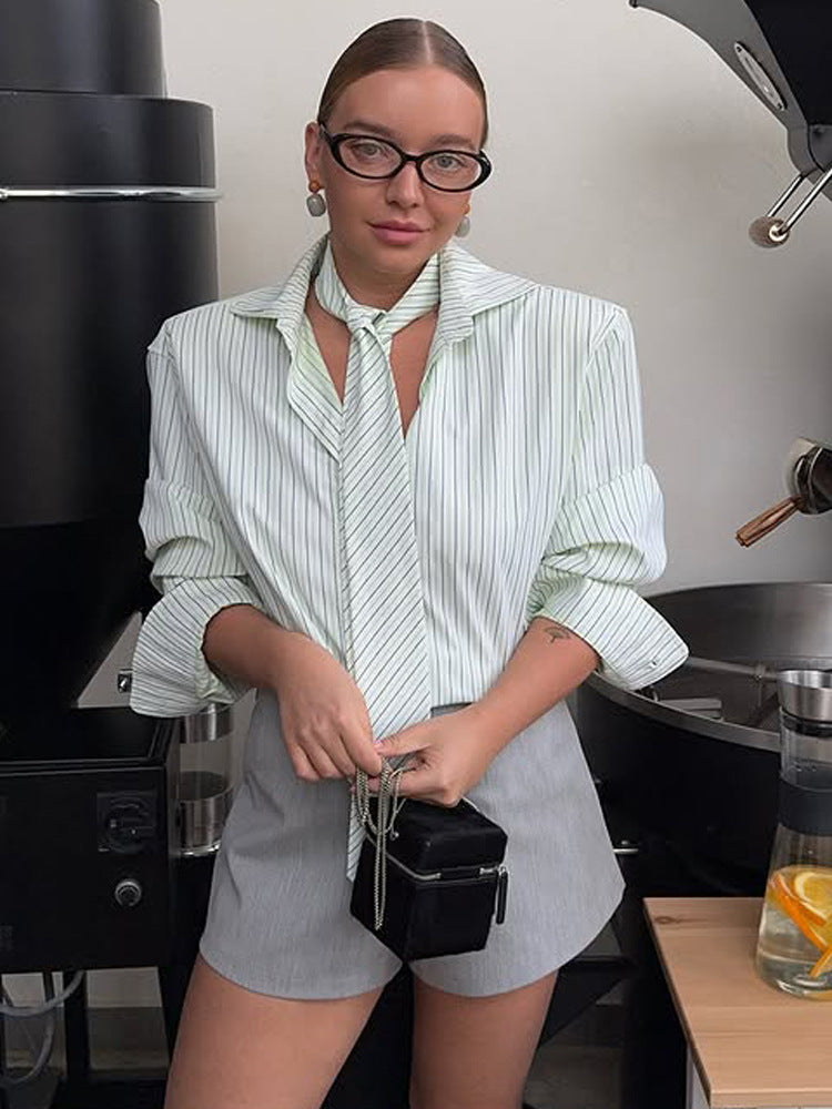 Women's Striped Shirt Blouse with Integrated Tie Detail & Oversized Cut EVA-US