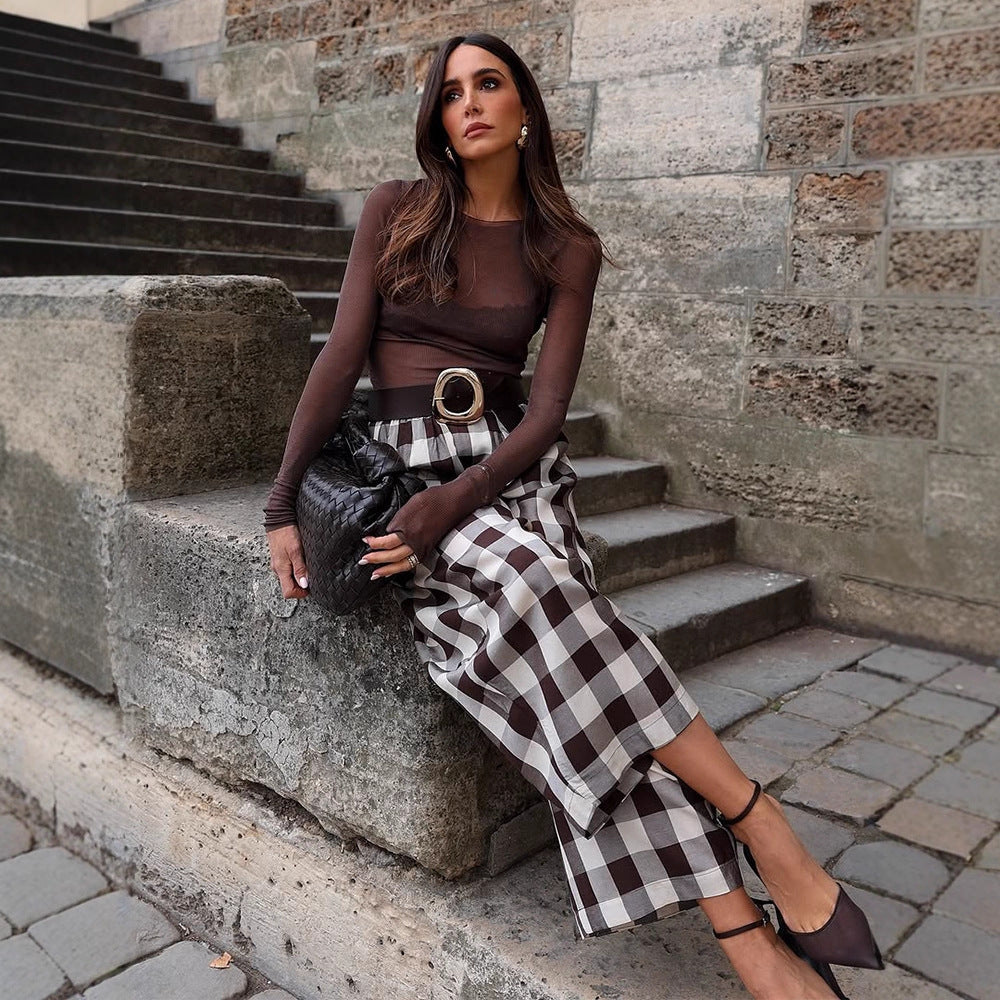 Women's Check High-Waisted Palazzo Pants with Wide Leg & Pleats EVA-US