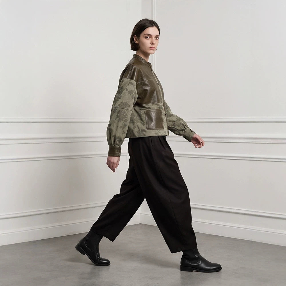 Women's short jacket in leather look and jacquard with stand-up collar EVA-US