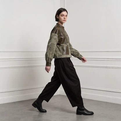 Women's short jacket in leather look and jacquard with stand-up collar EVA-US