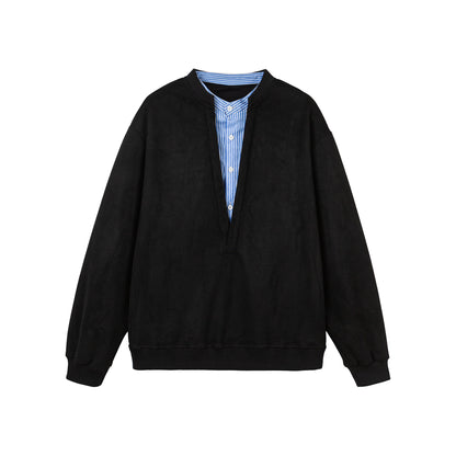 Women Cropped Oversized Sweatshirt with Integrated Blouse Insert and V-Neck EVA-US