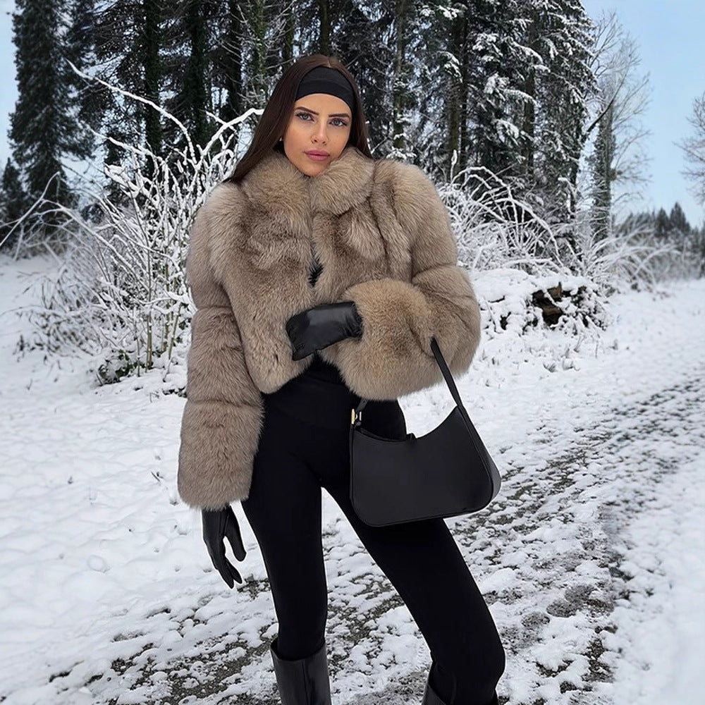 Women's Short Cut Luxury Faux Fur Blouson with Voluminous Shawl Collar EVA-US