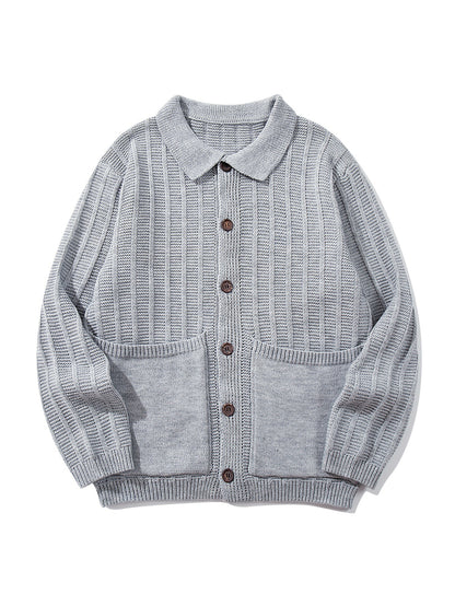 Unisex Structured Knit Cardigan with Shirt Collar and Patch Pockets EVA-US