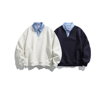 Unisex sweatshirt in layering look with integrated shirt collar and V-neck EVA-US