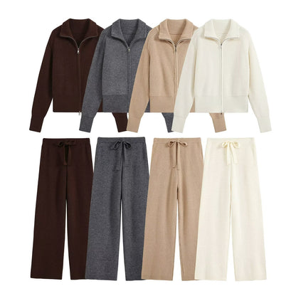 Women's Two-Piece Knit Set with Zipper Cardigan, Stand Collar and Wide Leg Trousers