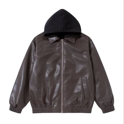 Men's Boxy Leather Blouson with Attached Jersey Hood and Ribbed Hem EVA-US