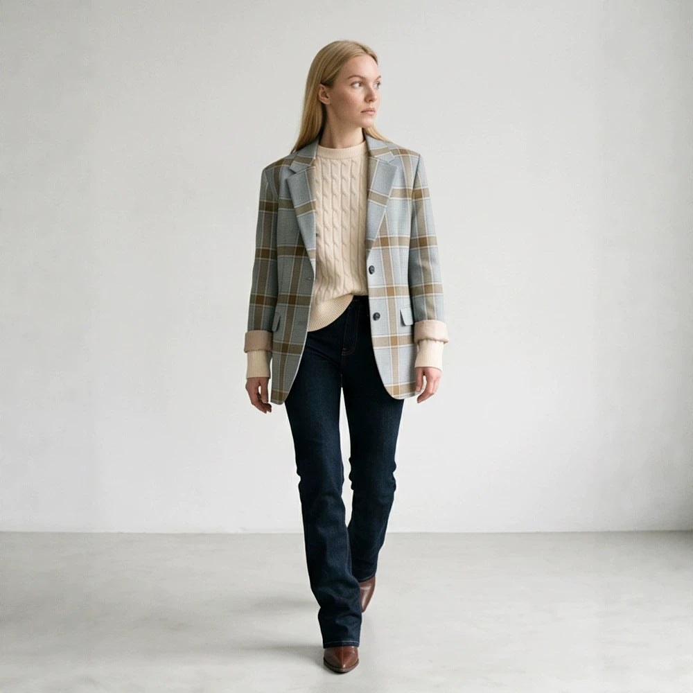 Ladies Oversized Check Blazer in Glencheck with Boxy Silhouette and Dropped Lapels EVA-US