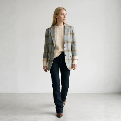 Ladies Oversized Check Blazer in Glencheck with Boxy Silhouette and Dropped Lapels EVA-US