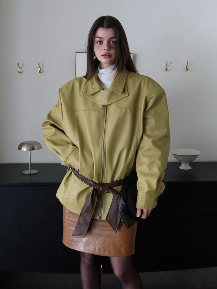 Women's Boxy Faux Leather Jacket with High Stand Collar, Front Zip and Waist Belt EVA-US