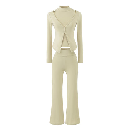Women Figure-Hugging Layering Set with Turtleneck Long Sleeve and Asymmetrical Button Jacket and Flared High-Waist Pants EVA-US