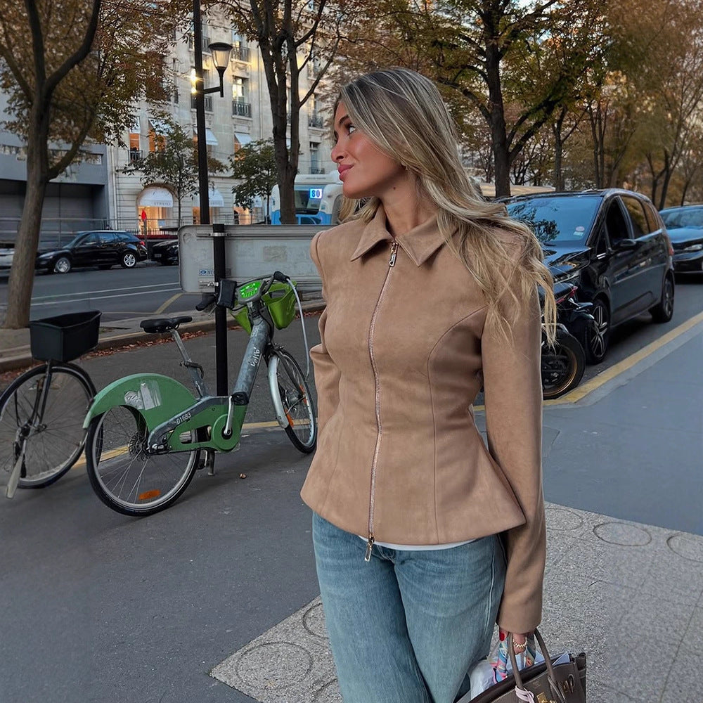 Women's Tailored Suede Look Jacket with Two-Way Zipper EVA-US