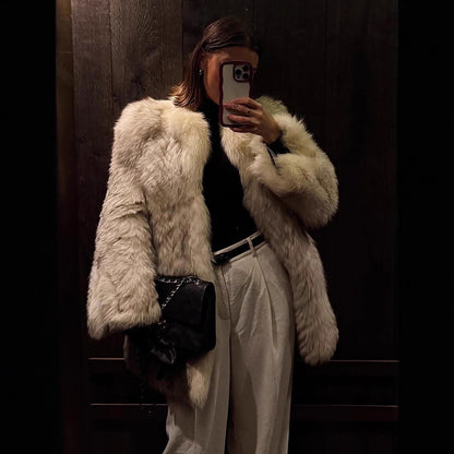 Women's Boxy Faux Fur Jacket with Textured Shag Look and Voluminous Shawl Collar EVA-US