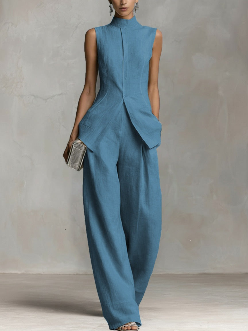 Women's Suit with Stand Collar and Wide Legs – Sleeveless Top & Marlene Pants