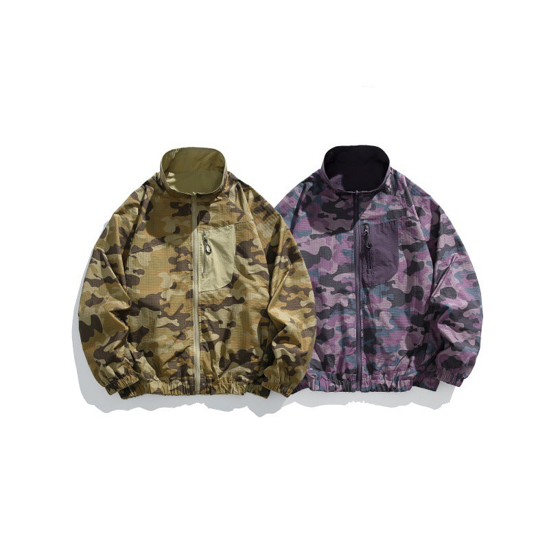 Unisex Lightweight Camo Windbreaker with High Stand Collar, Chest Zip and Elastic Hem EVA-US