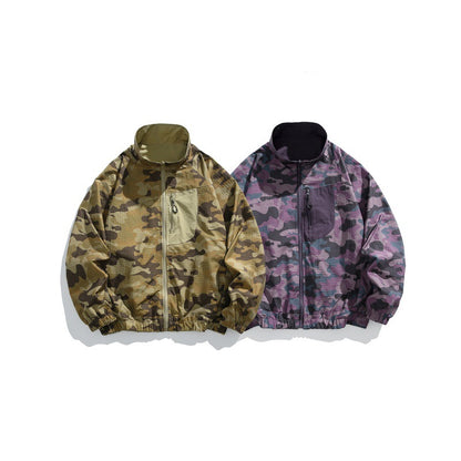 Unisex Lightweight Camo Windbreaker with High Stand Collar, Chest Zip and Elastic Hem EVA-US