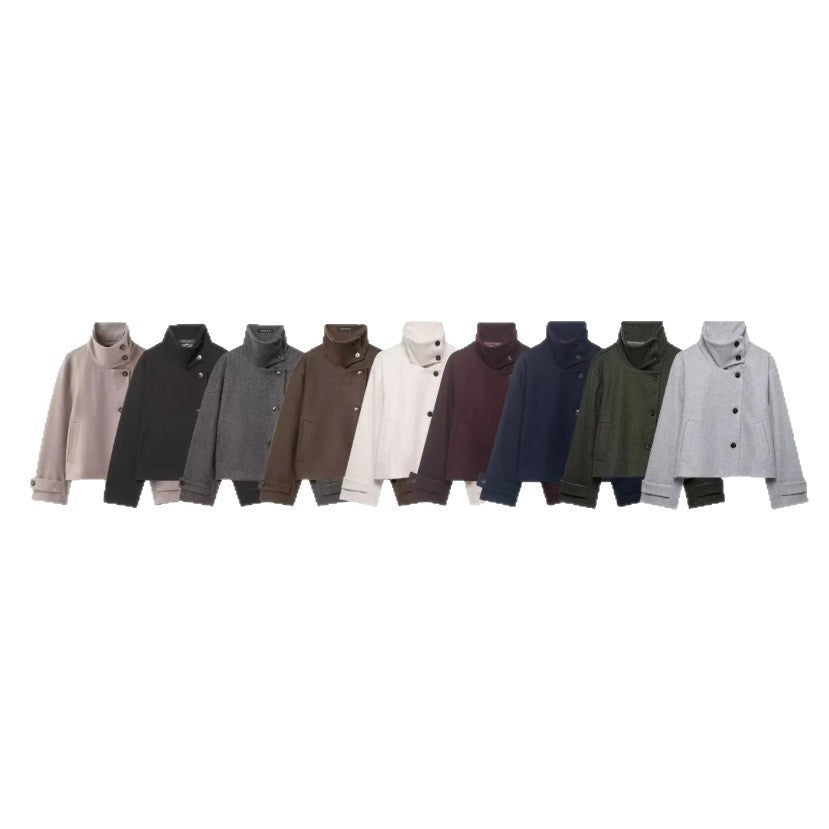 Women's Cropped Wool Blend Short Jacket with High Stand Collar, Asymmetric Button Placket and Cuffed Sleeves EVA-US