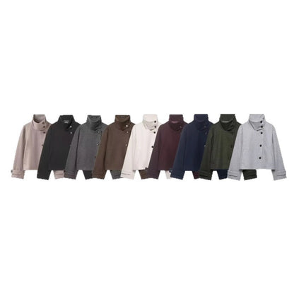 Women's Cropped Wool Blend Short Jacket with High Stand Collar, Asymmetric Button Placket and Cuffed Sleeves EVA-US