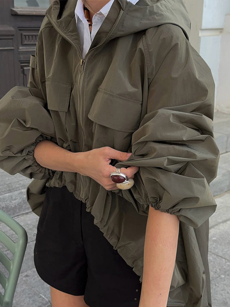 Women's Oversize Utility Hooded Jacket with Drawstring, Flap Pockets and Elastic Cuffs EVA-US