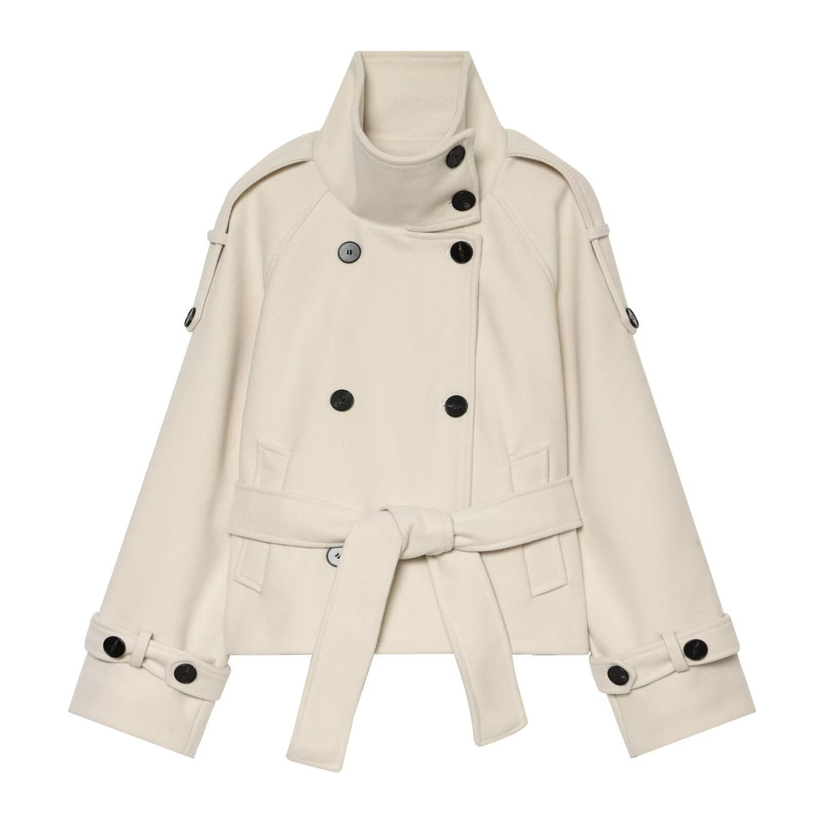 Ladies short cape jacket made of wool blend with high standing collar, double-breasted and tie belt EVA-US