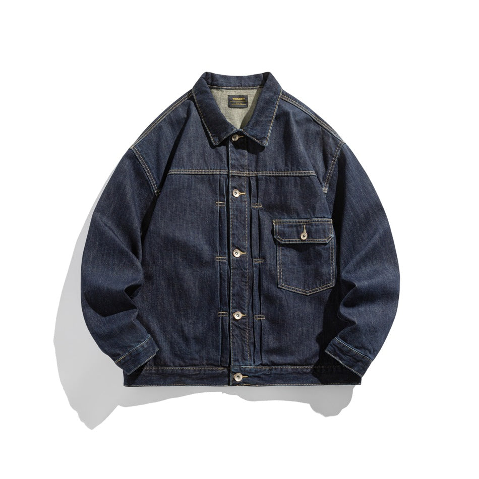 Unisex Wide-cut Denim Worker Blouson with Asymmetric Flap Pocket EVA-US