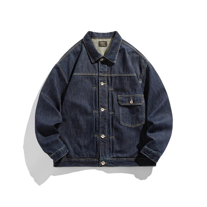 Unisex Wide-cut Denim Worker Blouson with Asymmetric Flap Pocket EVA-US