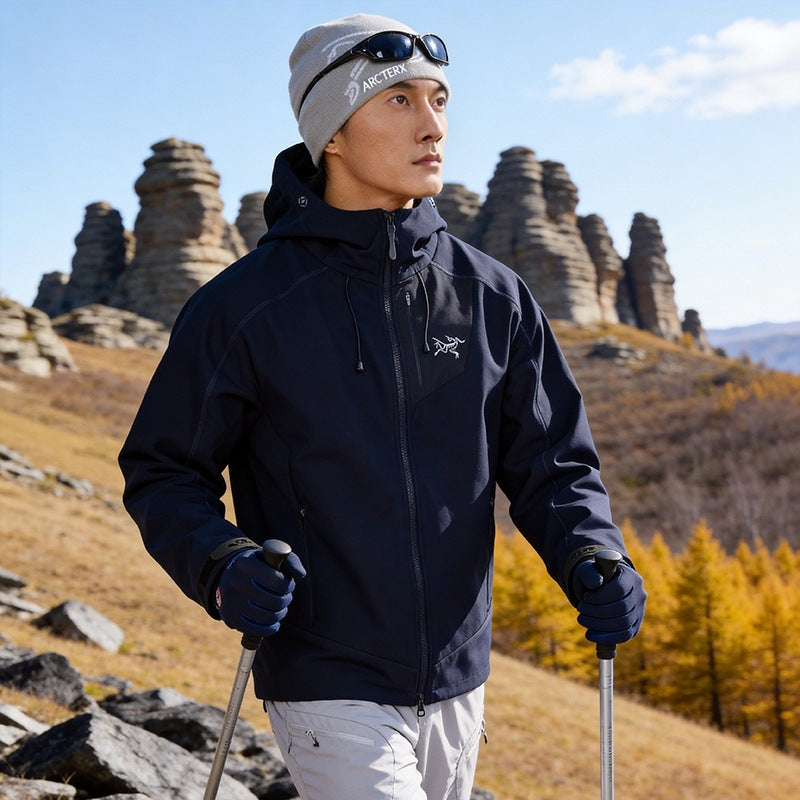Men's Softshell Trekking Jacket with Hood breathable windproof stretch EVA-US