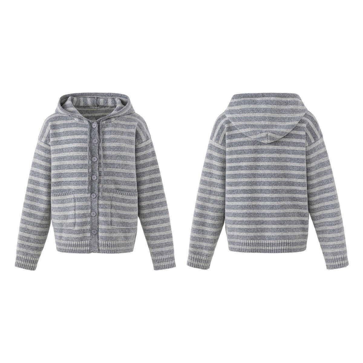 Women's Striped Cardigan with Hood, Full Button Placket and Patch Pockets EVA-US