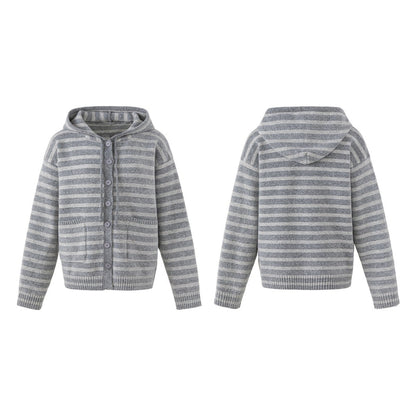 Women's Striped Cardigan with Hood, Full Button Placket and Patch Pockets EVA-US