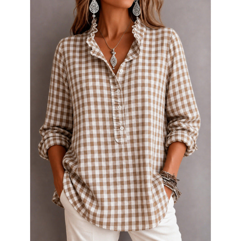 Women's Checkered Blouse Top with Ruffled Collar and Half Button Placket EVA-US