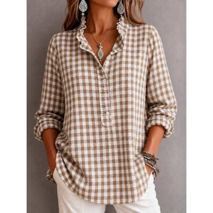 Women's Checkered Blouse Top with Ruffled Collar and Half Button Placket EVA-US