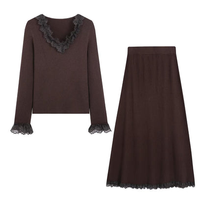 Women Two-Piece Ribbed Knit Set with Lace Trim EVA-US