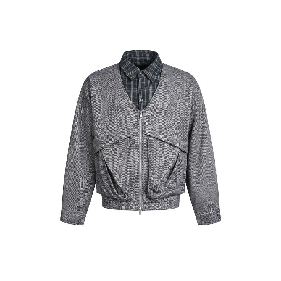 Men's short-cut layered bomber jacket with V-neck and flap pockets EVA-US