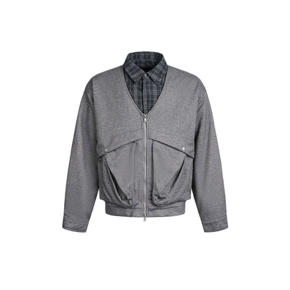 Men's short-cut layered bomber jacket with V-neck and flap pockets EVA-US