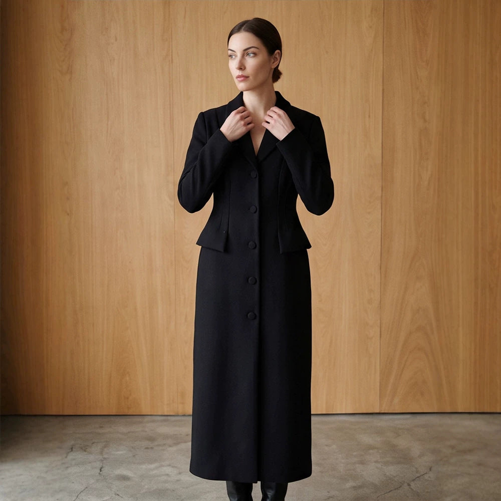 Women's Tailored Long Coat with Shawl Collar and Figure-Shaping Darts EVA-US