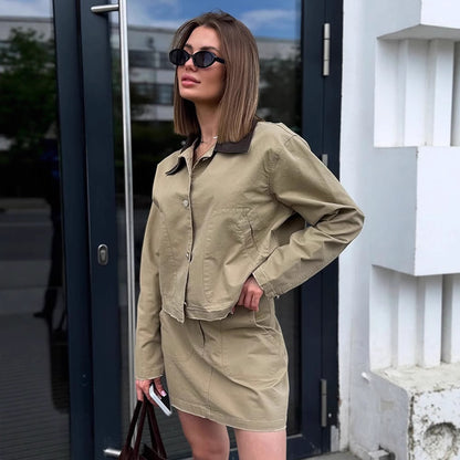 Women's Two-Piece Cotton Utility Set with Cropped Jacket and Mini Skirt EVA-US