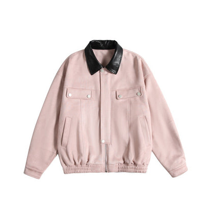 Women's short cut boxy bomber jacket with contrasting faux leather collar EVA-US