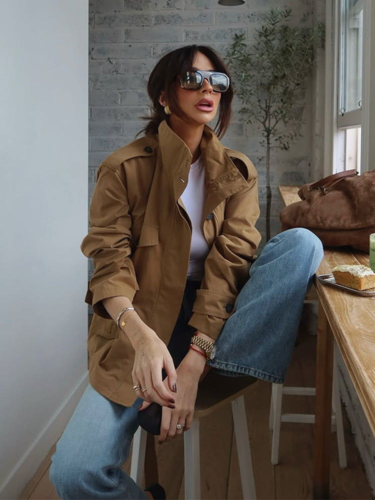 Ladies Lightweight Cotton Field Coat with Stand-up Collar, Shoulder Straps & Applied Flap Pockets EVA-US
