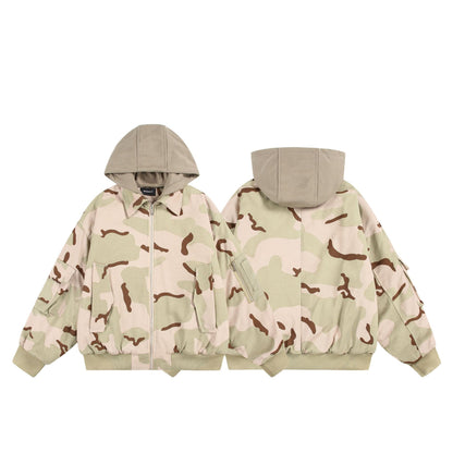 Unisex Oversize Cargo Bomber Jacket with Hood and Patches Utility Pockets EVA-US